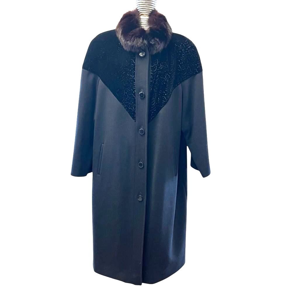 Vintage Alorna Womens Wool Coat Genuine Black Fox Collar Velvet Made in USA